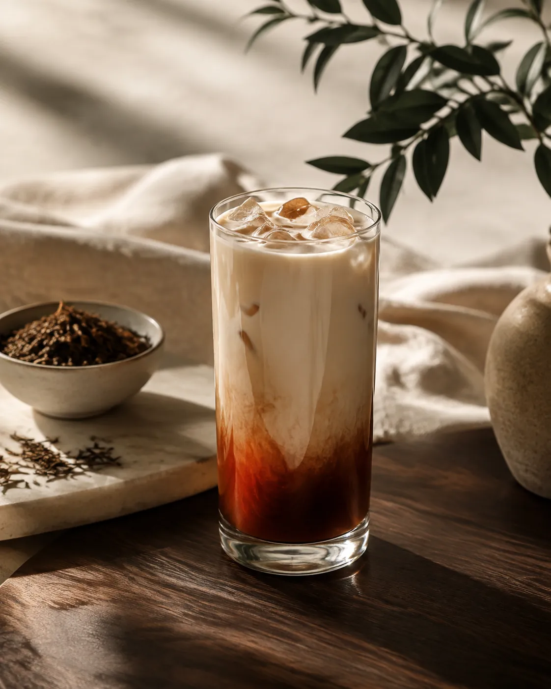 A tall glass of hojicha latte, deep reddish-brown tea at the base graduating into warm milk above it