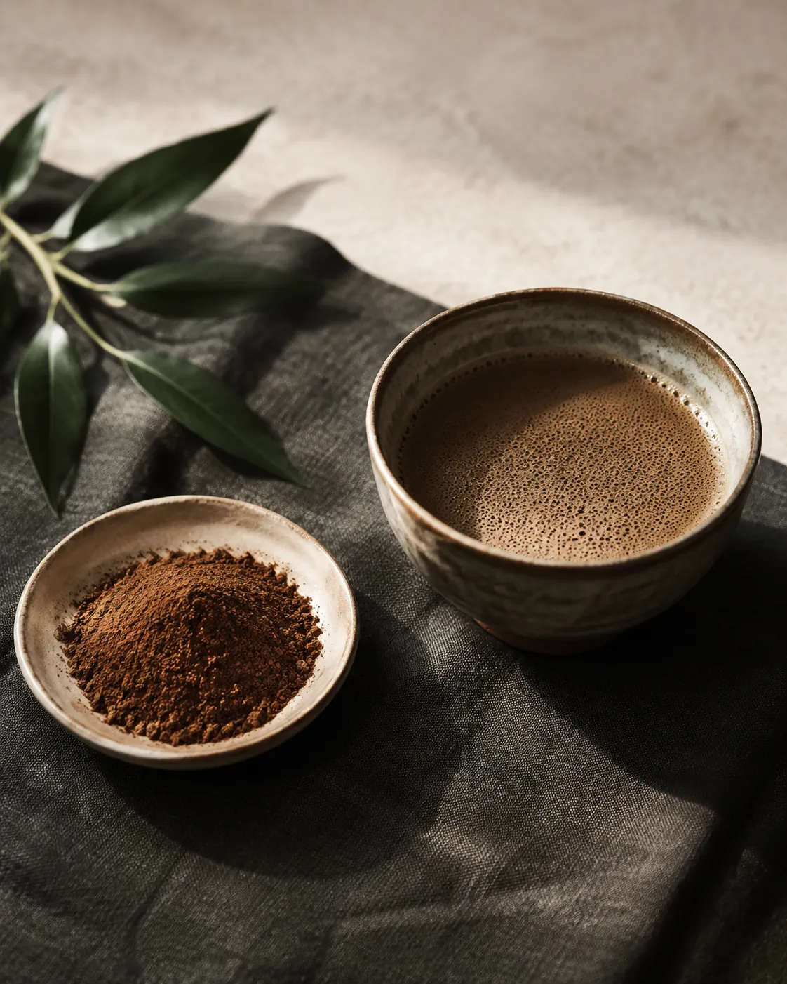 A dish of fine reddish-brown hojicha powder beside a bowl of it whisked into water