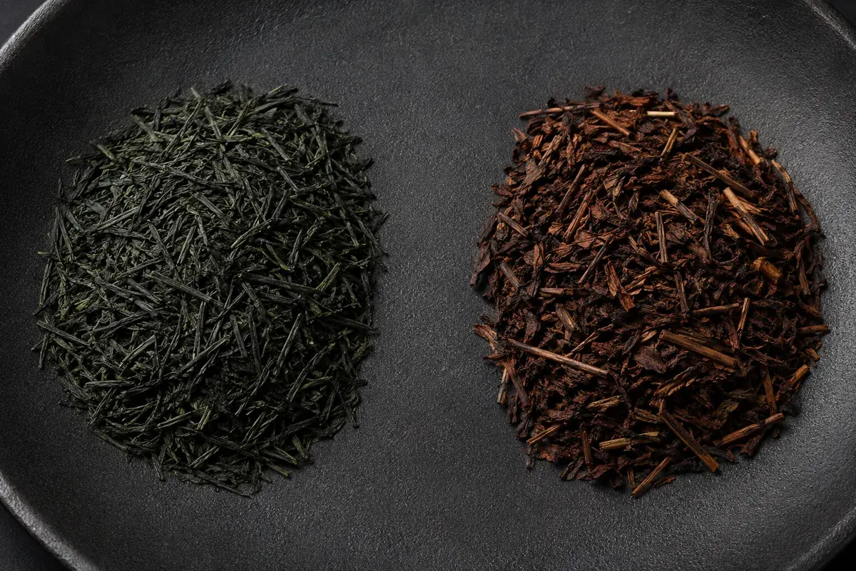 Two heaps of tea leaf on a dark dish, the left fine dark green unroasted needles and the right reddish-brown roasted leaf and stems