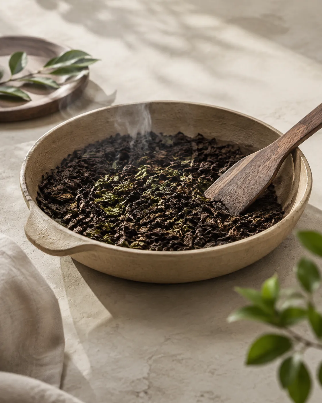 A shallow ceramic roasting pan of tea leaf part way to brown over a low flame
