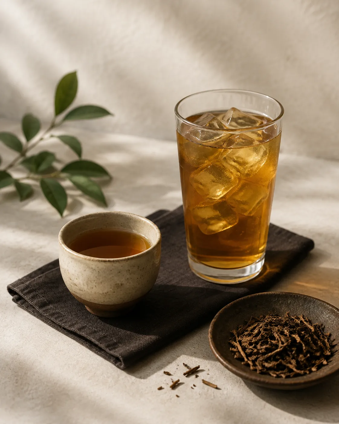 A small cup of hojicha and a taller glass of the iced version standing together
