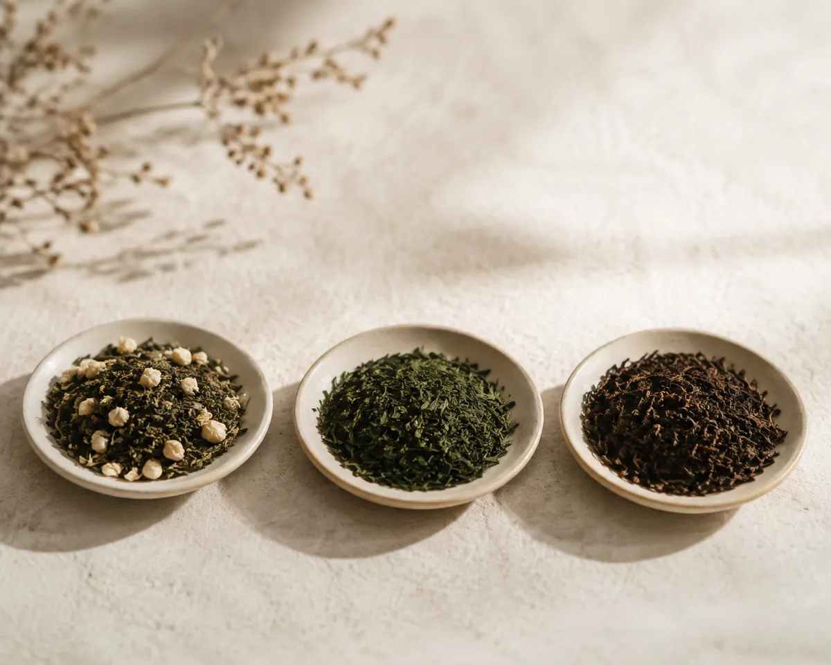 Three dishes of scented tea, one with flowers, one plain and one darkly roasted