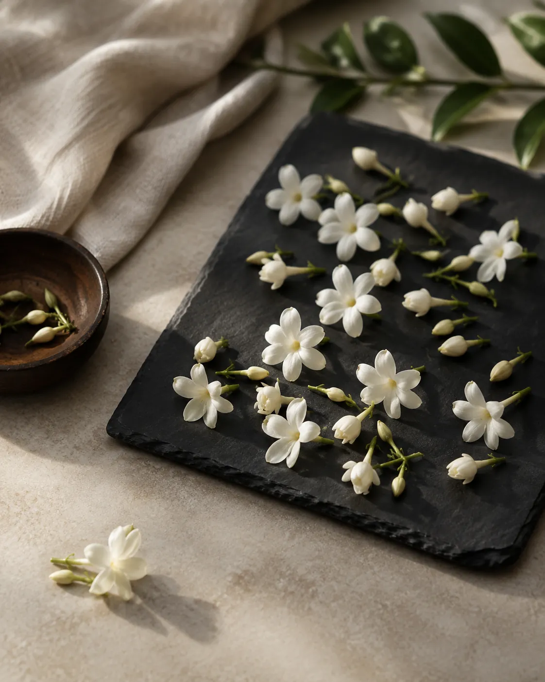 Small white jasmine blossoms scattered on a dark surface, several still closed