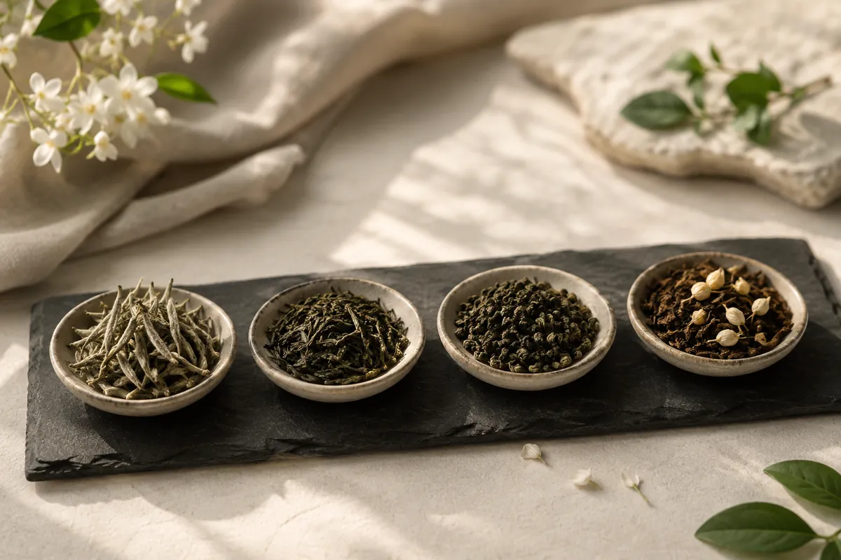 Four dishes of jasmine tea graded by leaf, from downy silver buds to a coarse cut with flowers left in