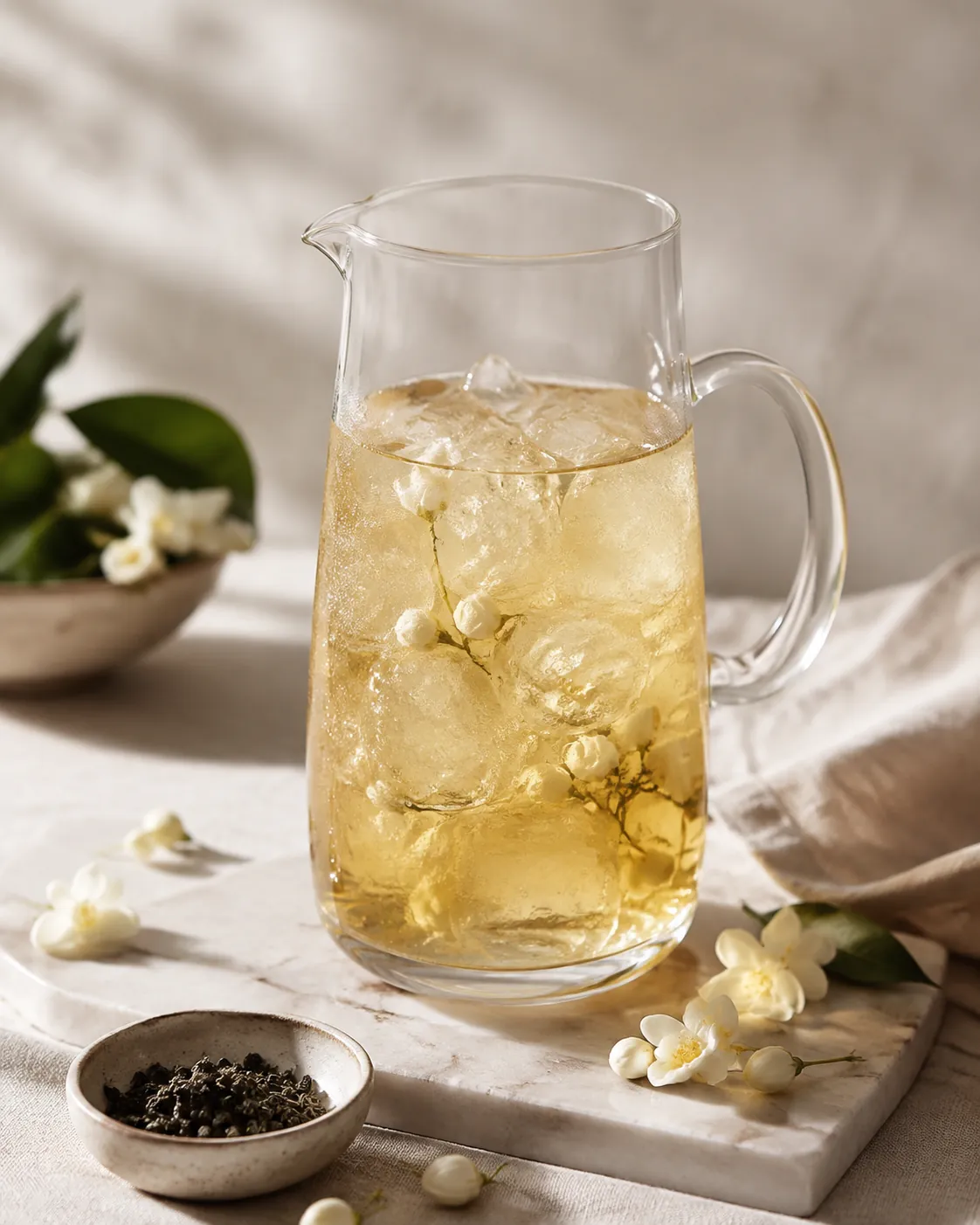A tall glass jug of pale iced jasmine tea with large clear ice cubes and condensation, on a bright pale surface