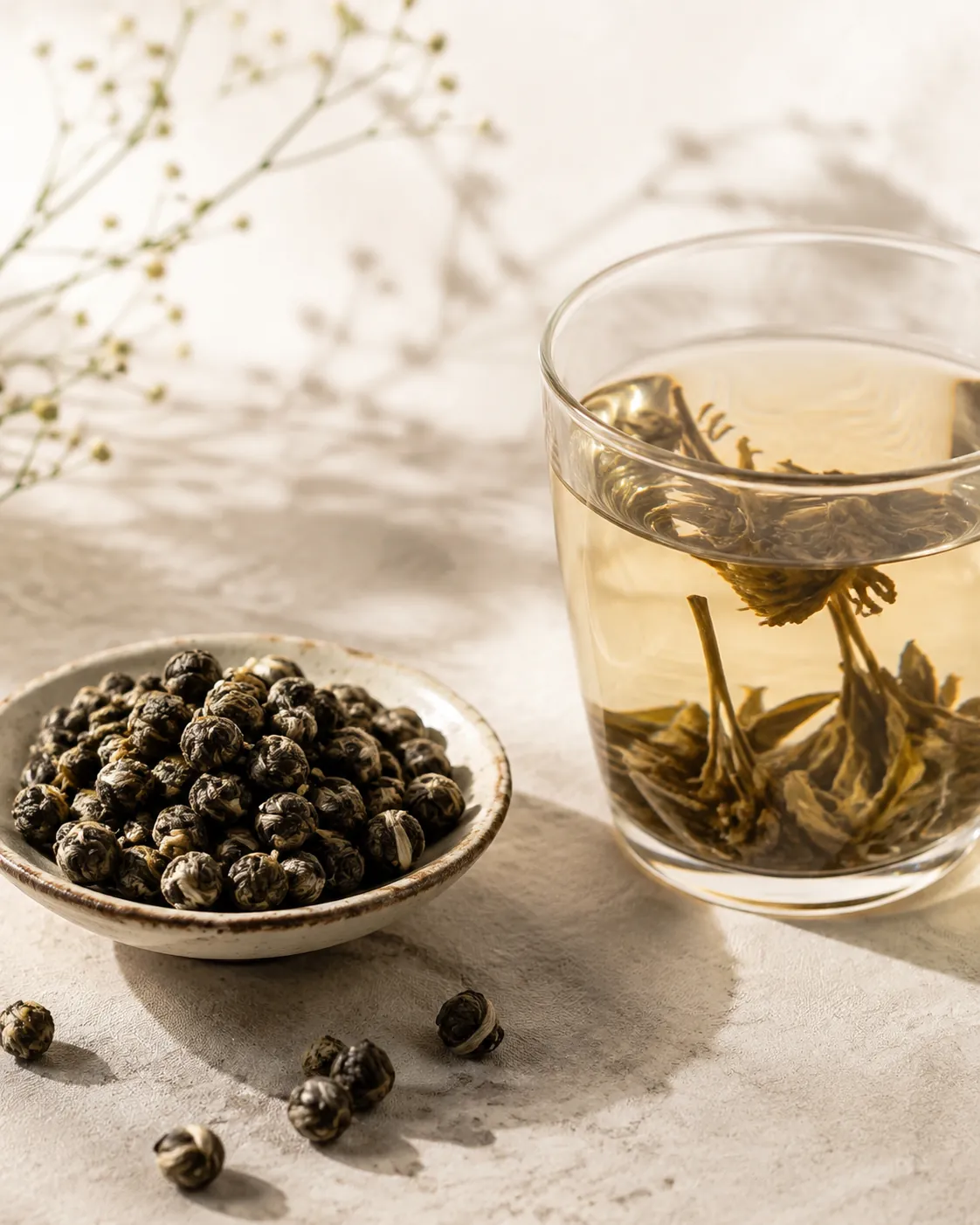 A dish of tightly hand-rolled jasmine tea pearls beside a glass cup where several have unfurled into whole leaves in pale liquor
