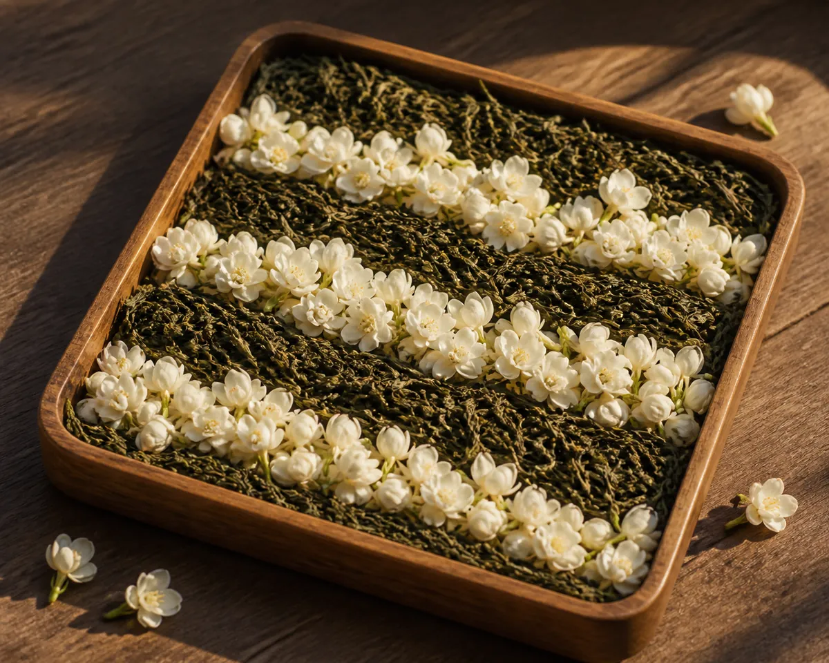 Fresh white jasmine blossoms layered over dry green tea leaf in a shallow wooden tray, the two in alternating layers
