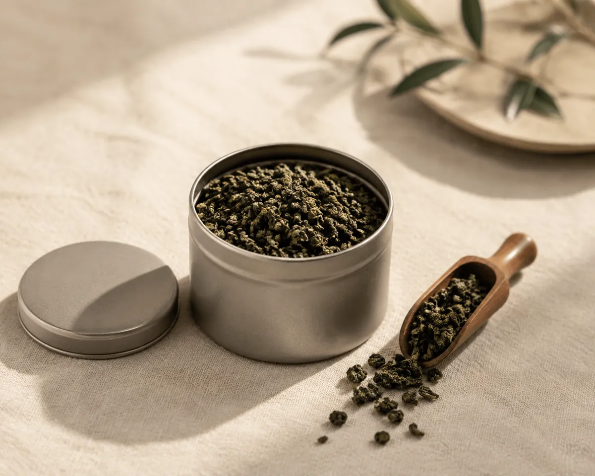 A small opaque tin open beside a wooden scoop of curled dry jasmine tea leaf