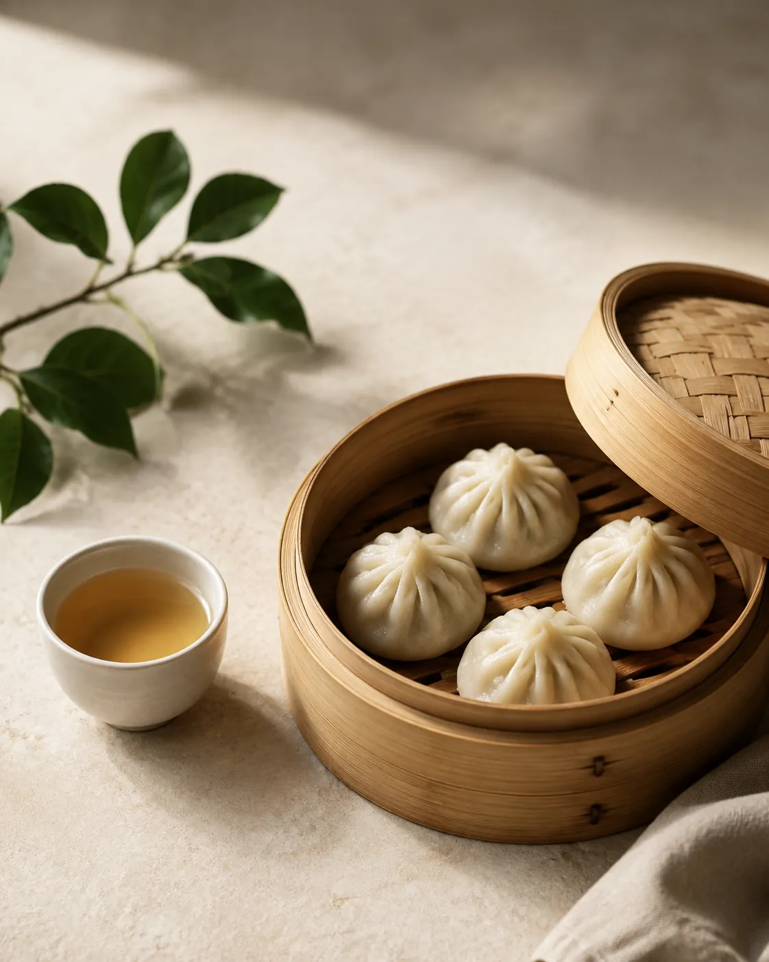 A small handleless cup of pale jasmine tea beside a bamboo steamer basket of dumplings