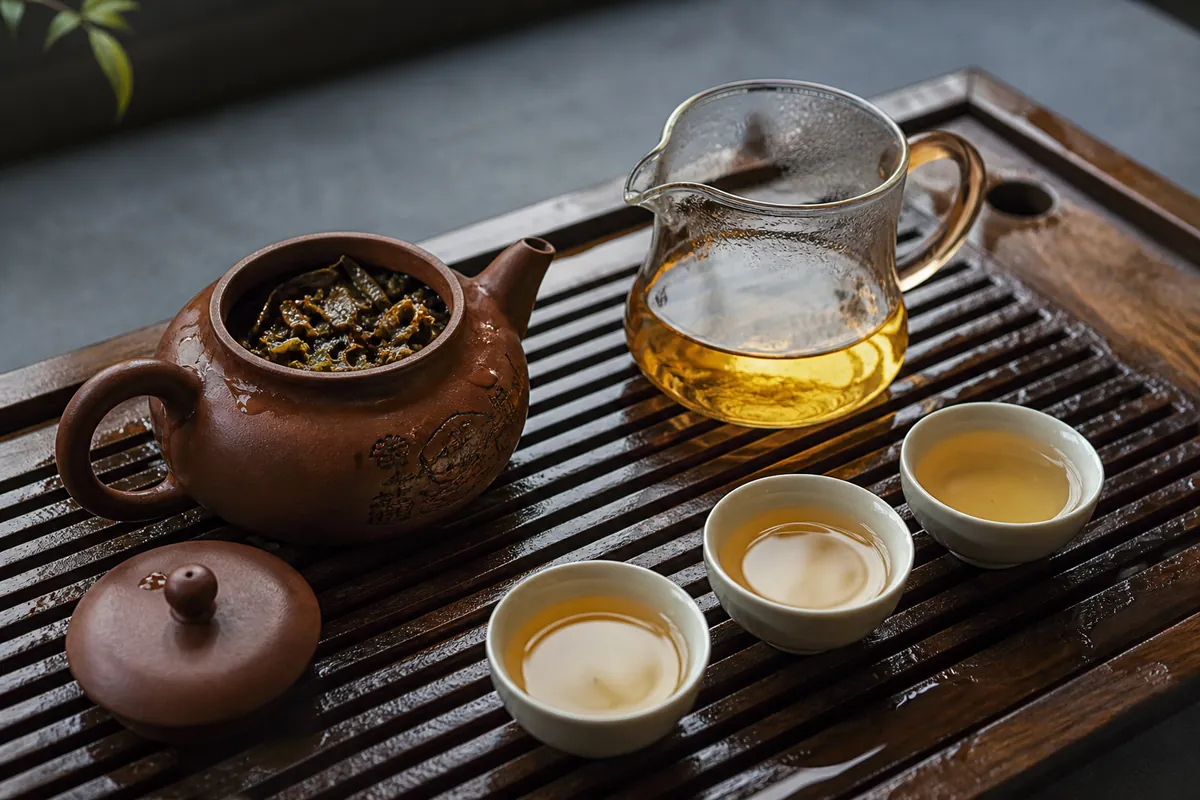 A small clay teapot, a fairness pitcher and three tiny cups on a slatted wooden tea tray, with golden oolong liquor and wet spent leaf in the open pot