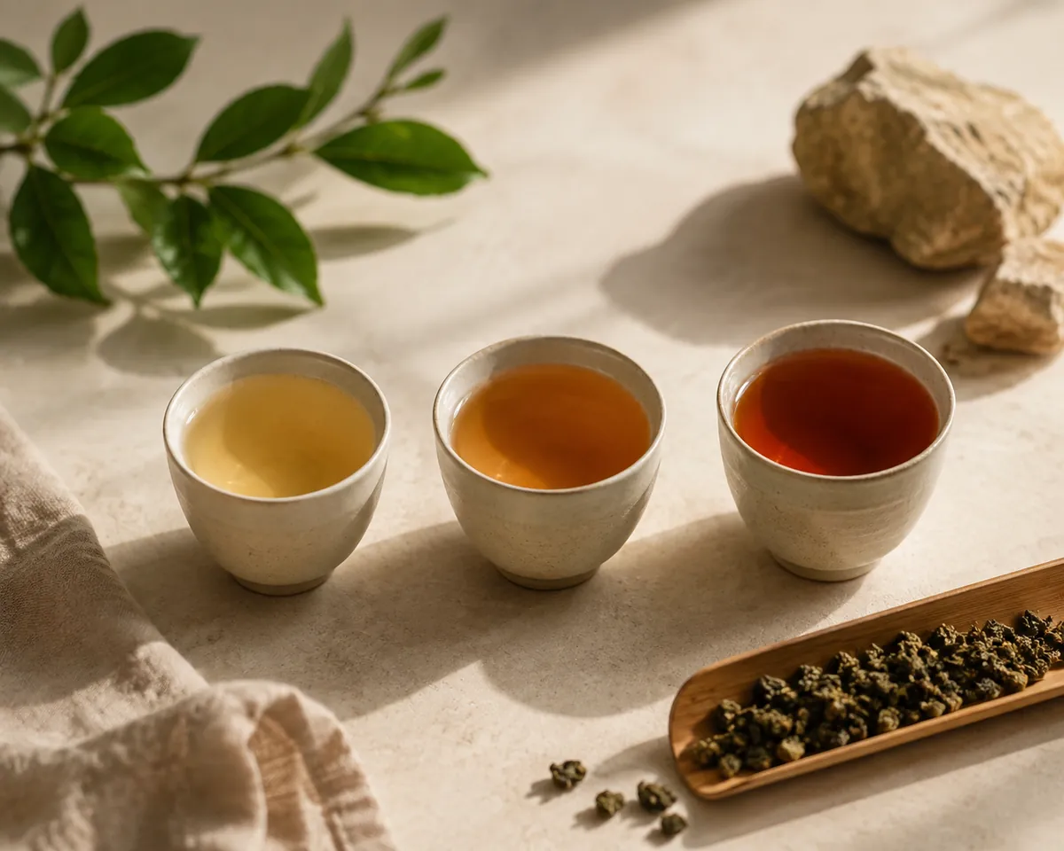 Three cups of oolong from pale gold to deep amber, showing the oxidation range