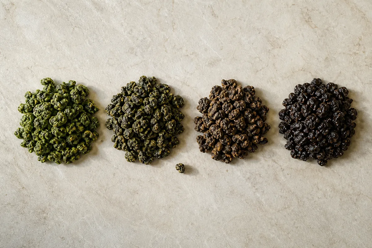 Four piles of rolled oolong in a row on a pale stone slab, graded by roast from bright jade green through olive and light brown to dark glossy near-black