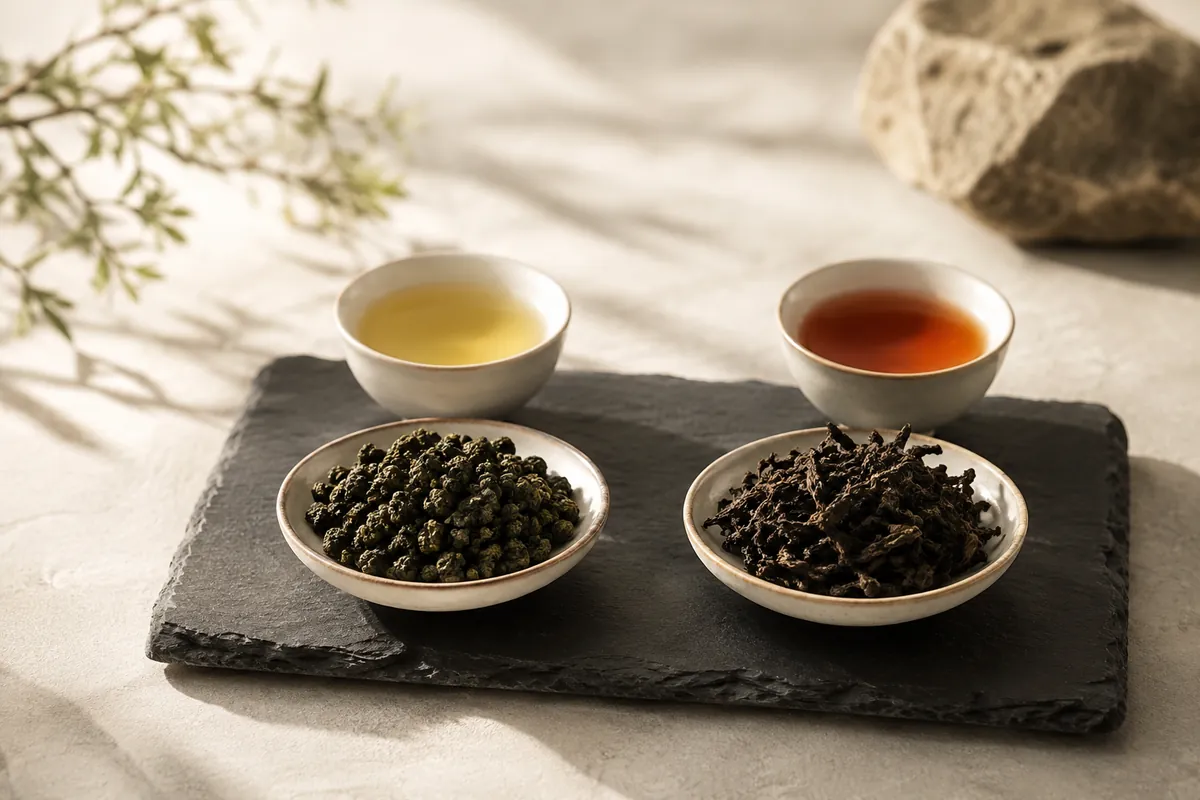 Two dishes of dry oolong on slate, the left tight jade-green pellets and the right long dark twisted leaf, with a small cup of pale liquor behind one and deep amber behind the other