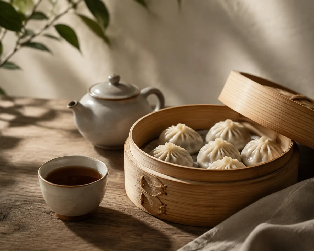 A small cup of dark roasted oolong beside an open bamboo steamer of dumplings on a wooden table