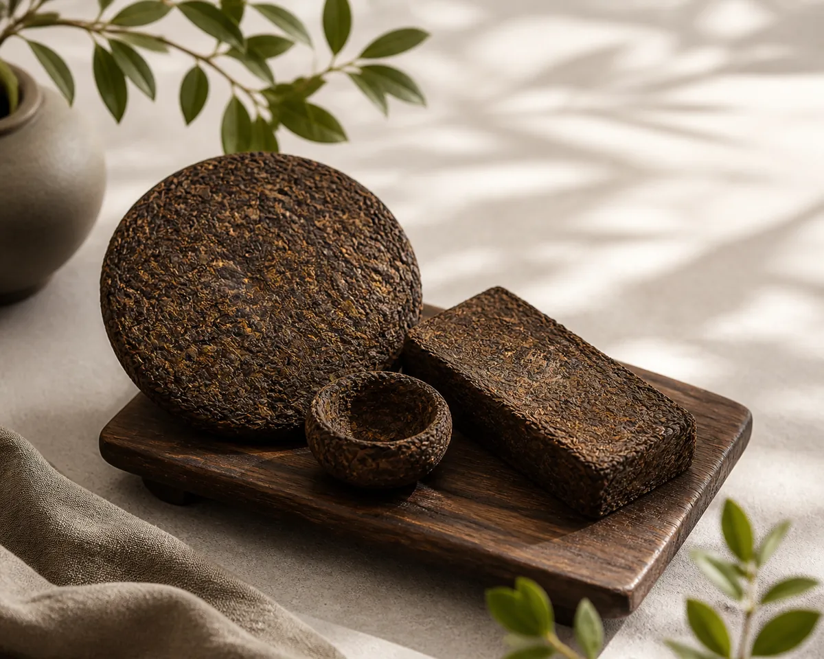 A round cake, a small nest and a brick of pressed tea arranged together