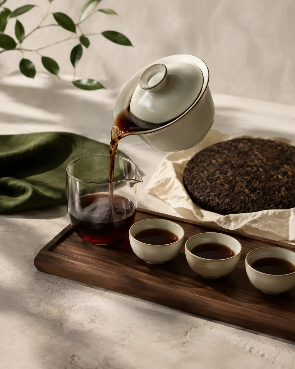 A gaiwan of dark pu-erh being decanted into a small glass pitcher with cups waiting