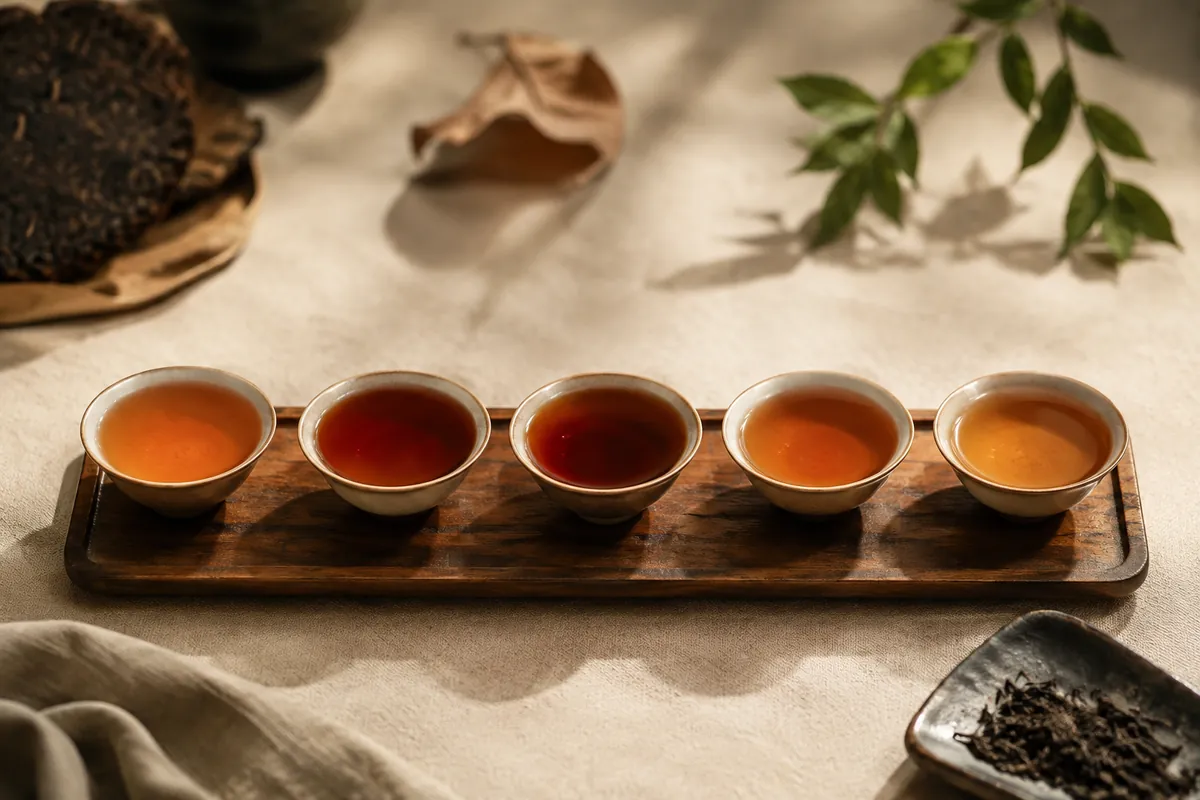Five small cups of pu-erh in a row, the liquor darkening then lightening across them