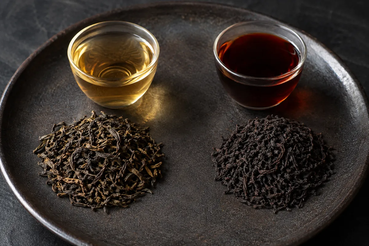 Two piles of pu-erh leaf on a dark dish, the left greenish-brown with pale gold liquor behind it and the right almost black with very dark red-brown liquor