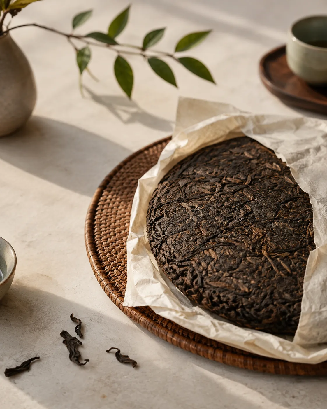 A pu-erh cake partly unwrapped, the printed paper folded back around it