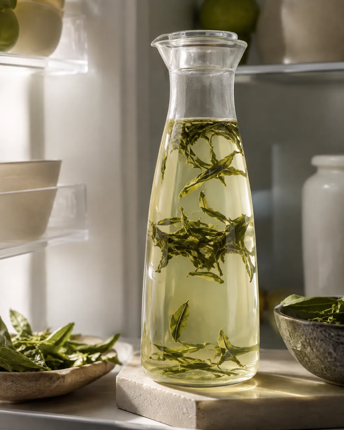 A tall glass carafe of cold-brewed green tea in a fridge with whole leaves suspended in it, the liquid very pale and clear