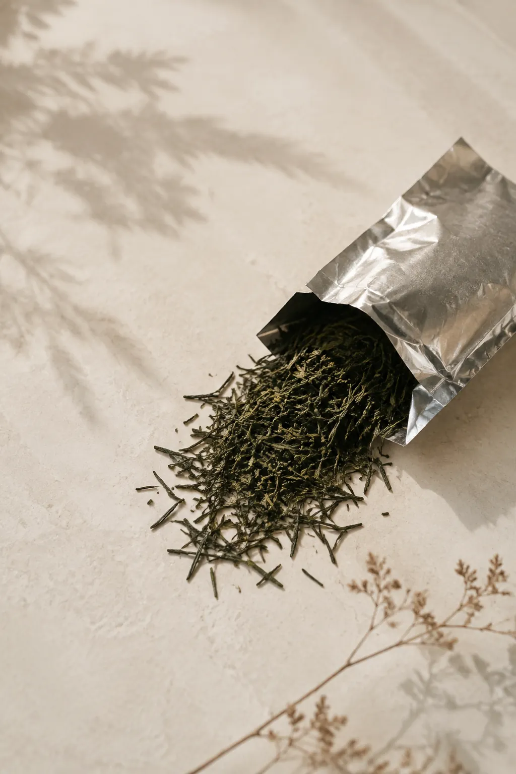 A foil tea packet folded open with leaf spilling onto the bench beside it