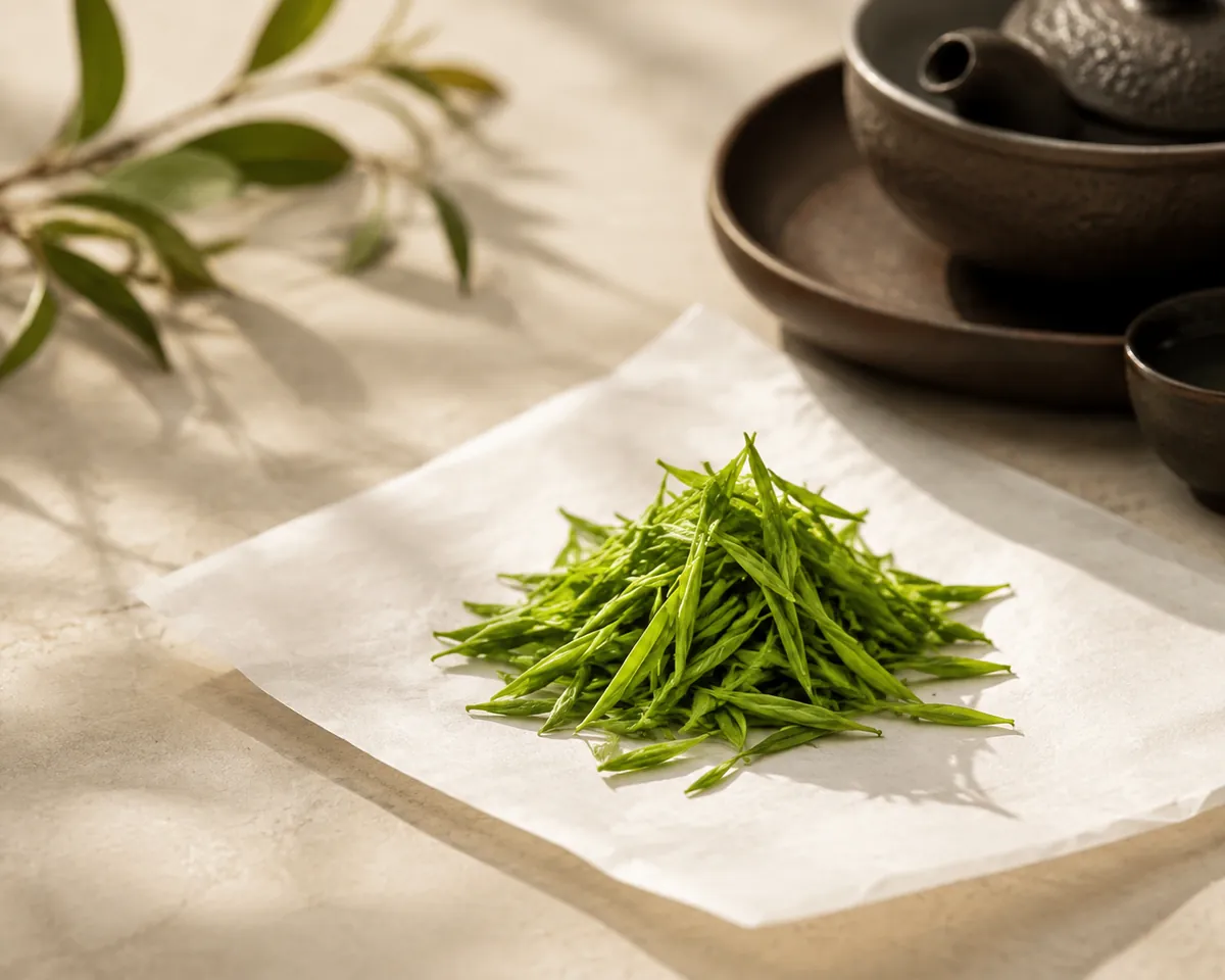 A small heap of very bright new-season green tea leaf on white paper