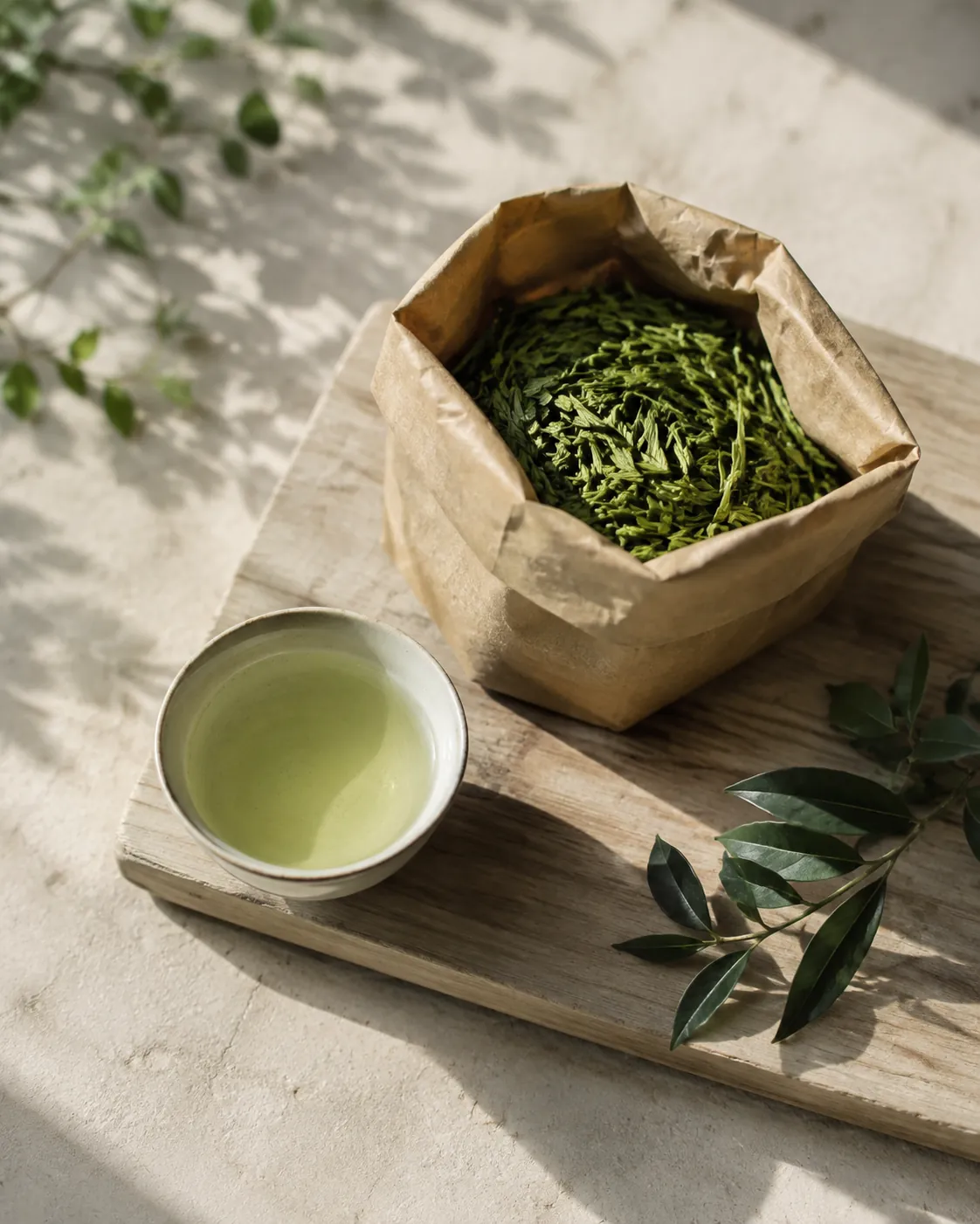 A small bag of bright new-season green tea open beside a cup of very pale green liquor