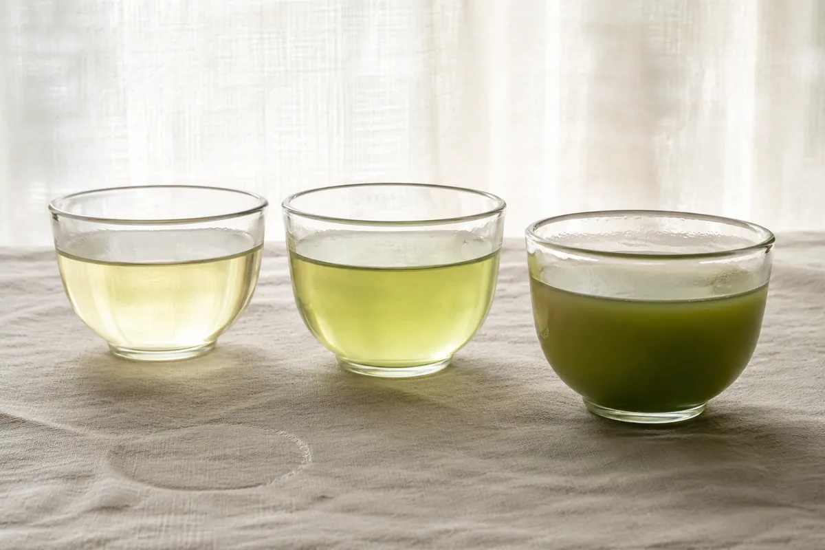 Three glass cups of brewed green tea backlit in a row, the left clear pale gold-green, the middle light green, the right cloudy and deep green