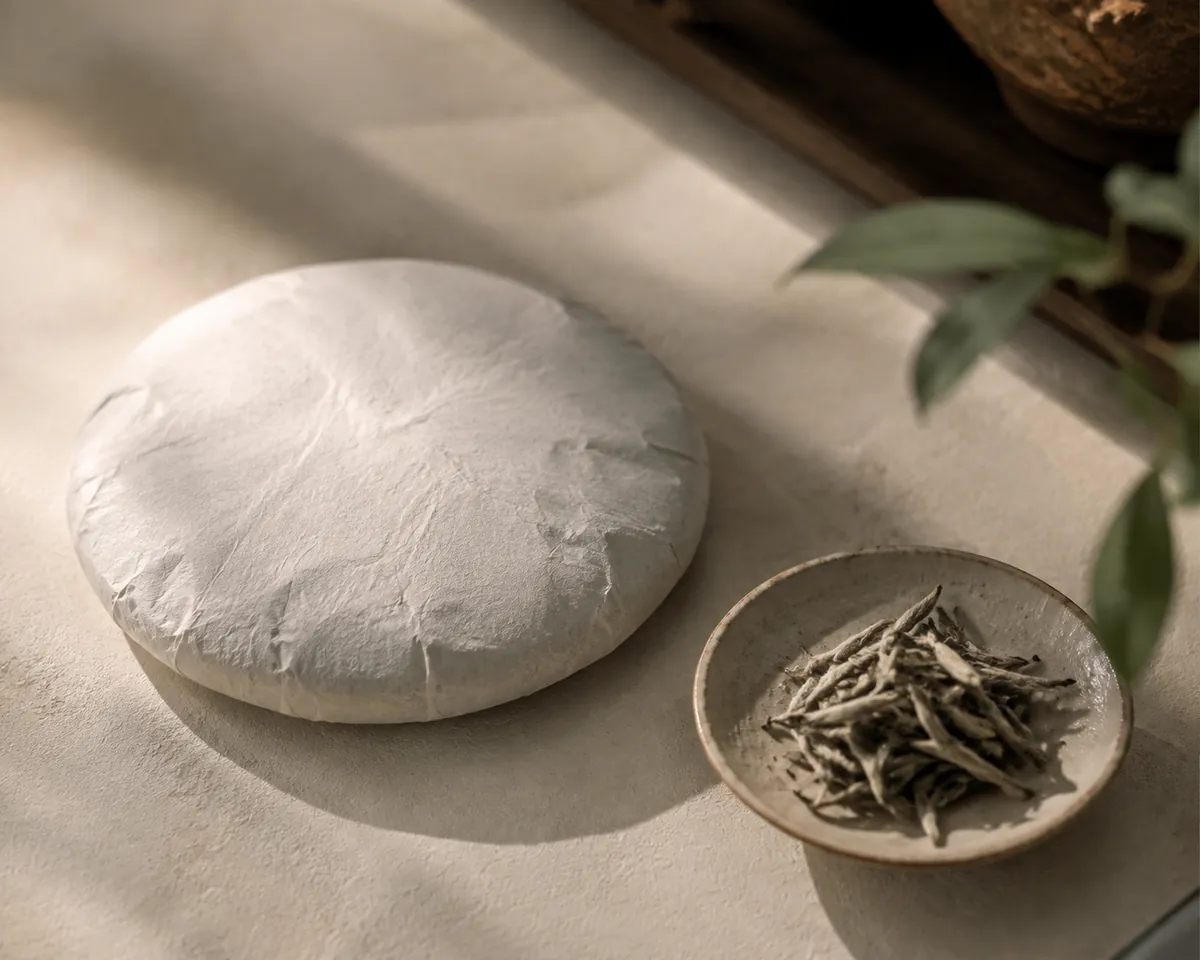 A pressed white tea cake in paper beside a dish of loose silver-tipped buds