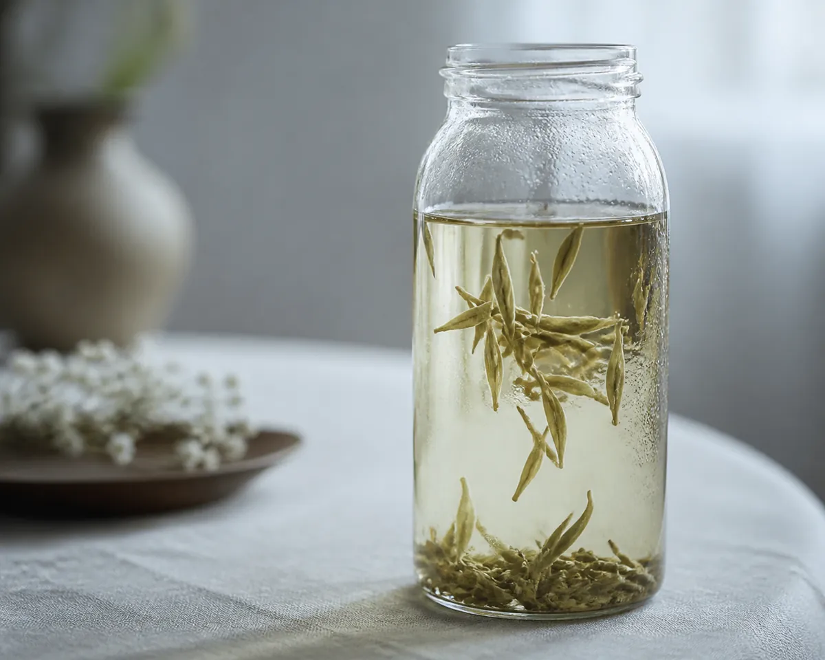 A tall glass jar of cold-brewed white tea, the liquor very pale gold and completely clear, with whole downy buds suspended and settled at the bottom
