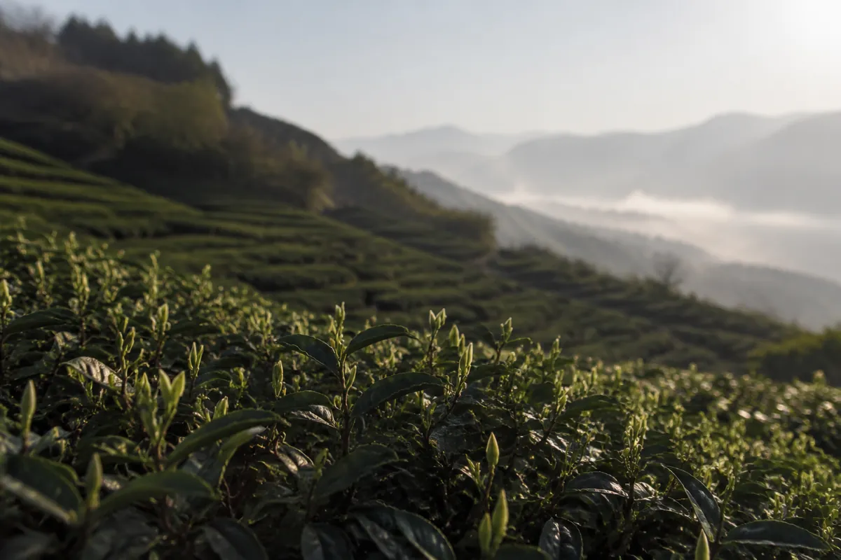 Rows of tea bushes on a misty hillside with new pale buds visible on the nearest plants