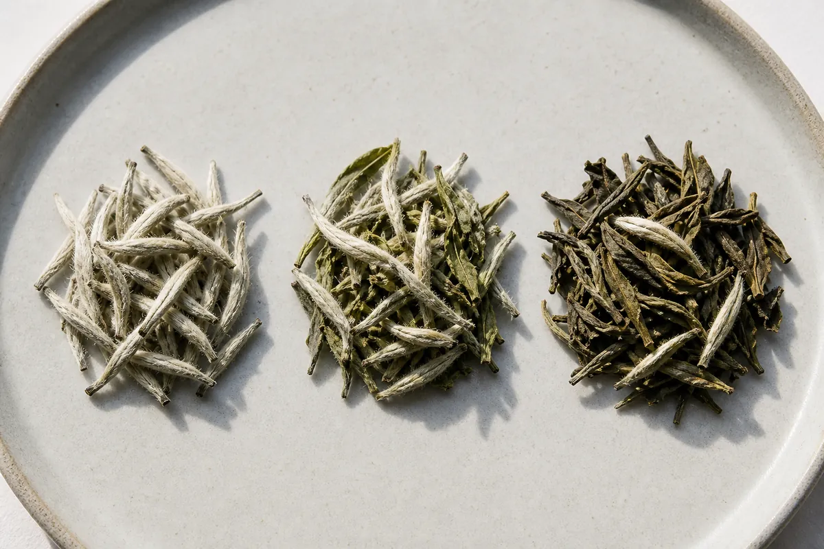 Three piles of dry white tea on a pale ceramic dish: downy silver buds only, then buds with small pale leaves, then larger darker open leaves