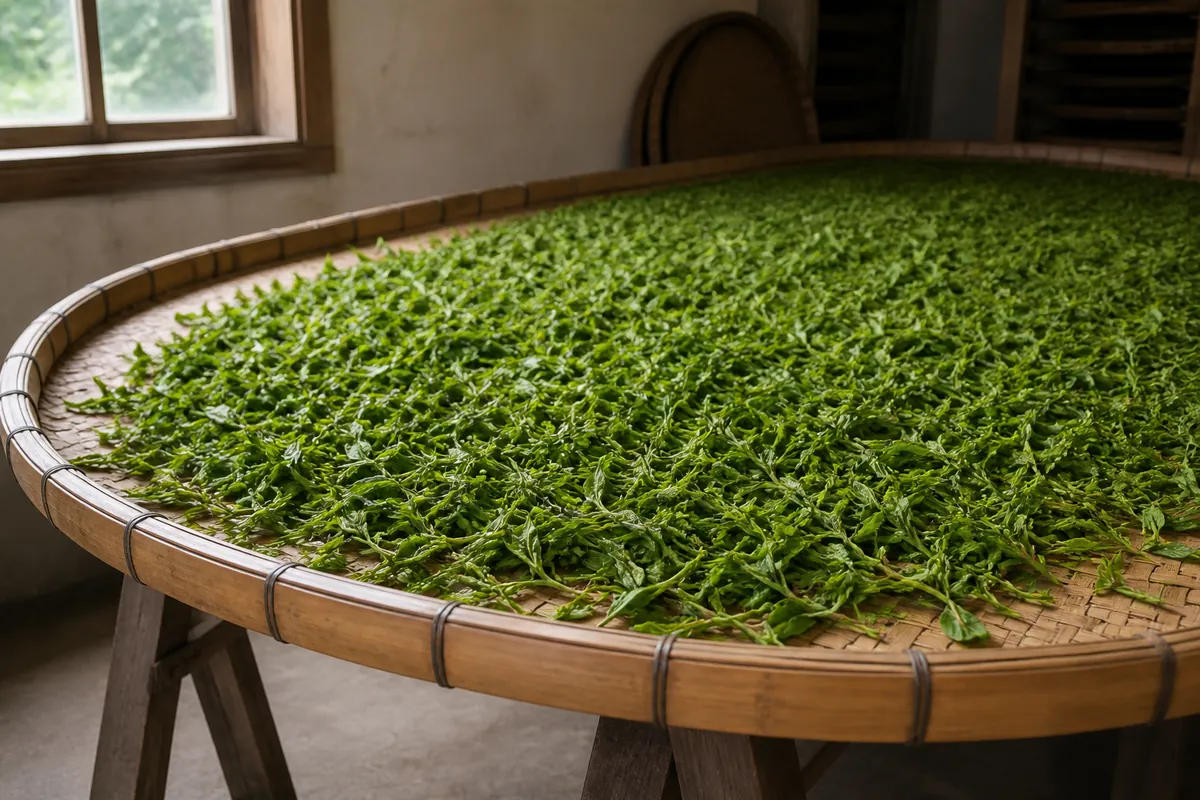 Fresh tea leaves and buds spread in a thin even layer across a large flat woven bamboo tray indoors, drying slowly