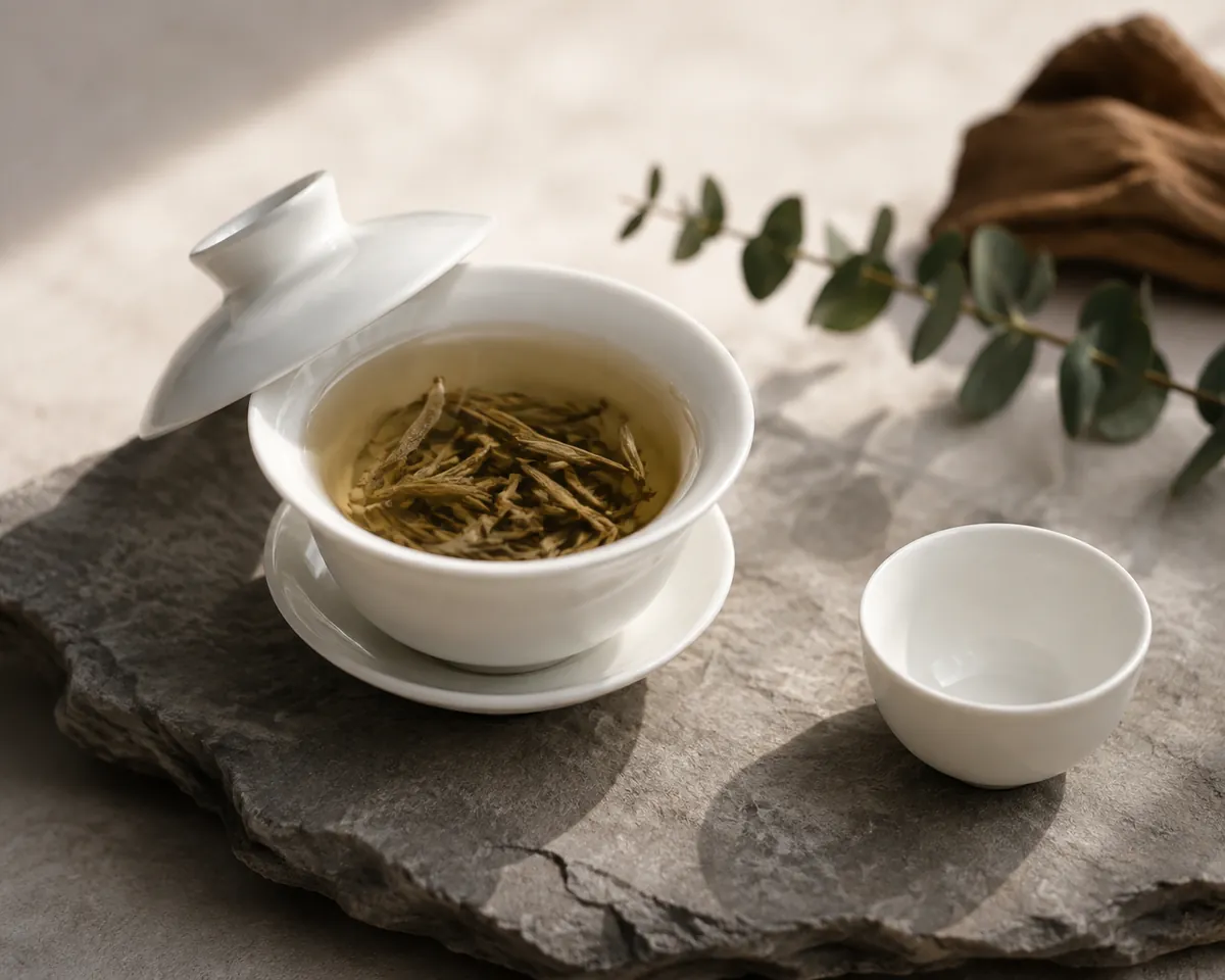 A white porcelain gaiwan with its lid tilted open, swollen downy tea buds inside pale gold liquor, beside a small empty tasting cup