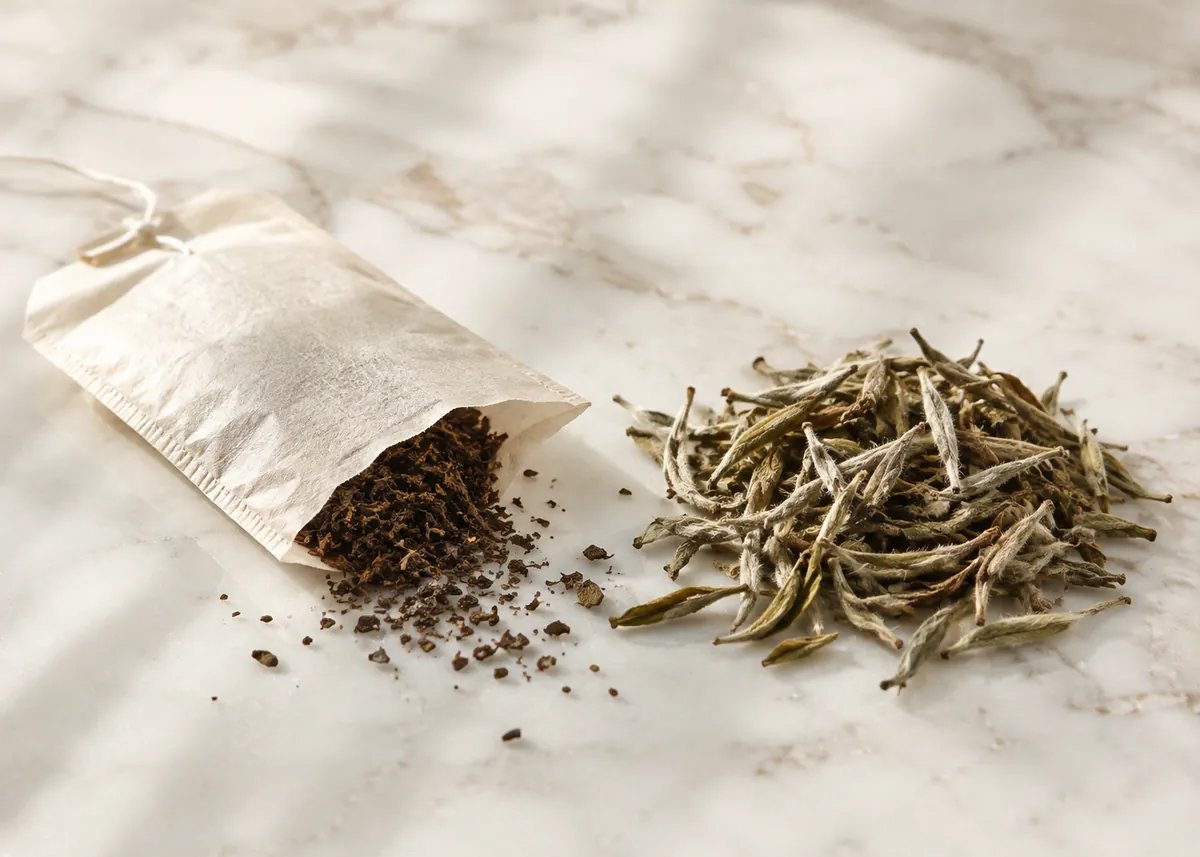 A plain paper teabag cut open with small broken brown tea particles spilling out, beside a loose heap of whole downy white tea buds