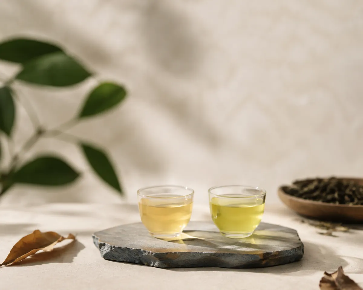 Two clear glass cups side by side, the left holding very pale gold white tea liquor and the right a light yellow-green green tea liquor