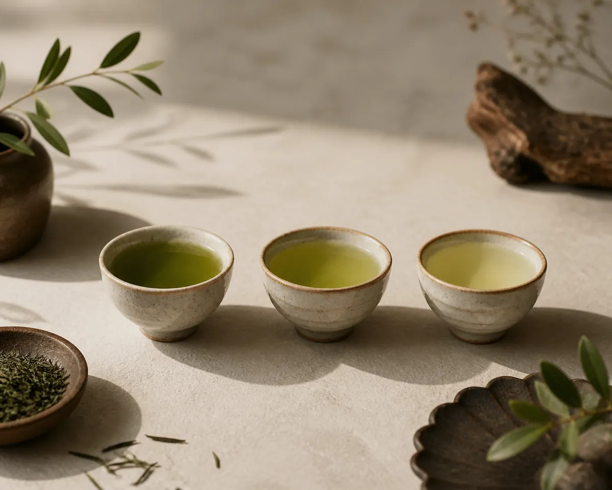 Three cups of green tea from successive infusions, the colour fading across them
