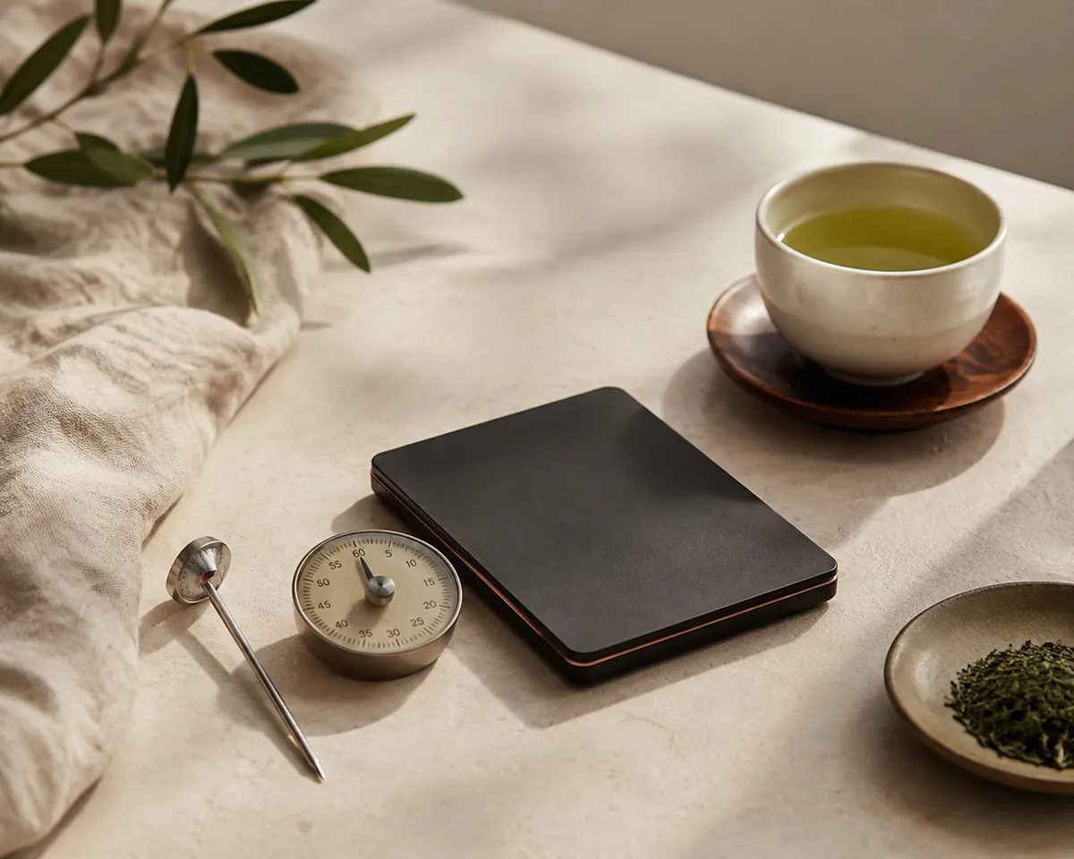A thermometer, a timer and a small scale laid out together beside a cup of green tea